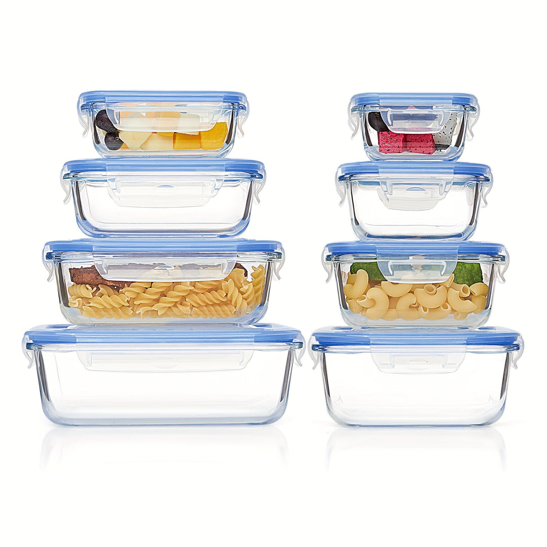 Set van 8 glazen voedselcontainers – Bento containers voor meal prep, luchtdicht, met lekvrije deksels, geschikt voor magnetron, oven, vriezer en vaatwasser, BPA-vrij