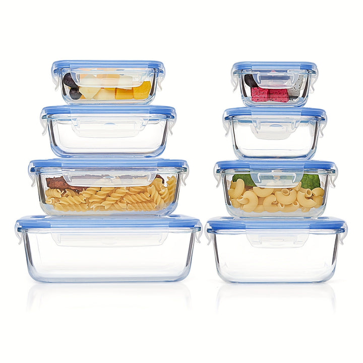 Set van 8 glazen voedselcontainers – Bento containers voor meal prep, luchtdicht, met lekvrije deksels, geschikt voor magnetron, oven, vriezer en vaatwasser, BPA-vrij