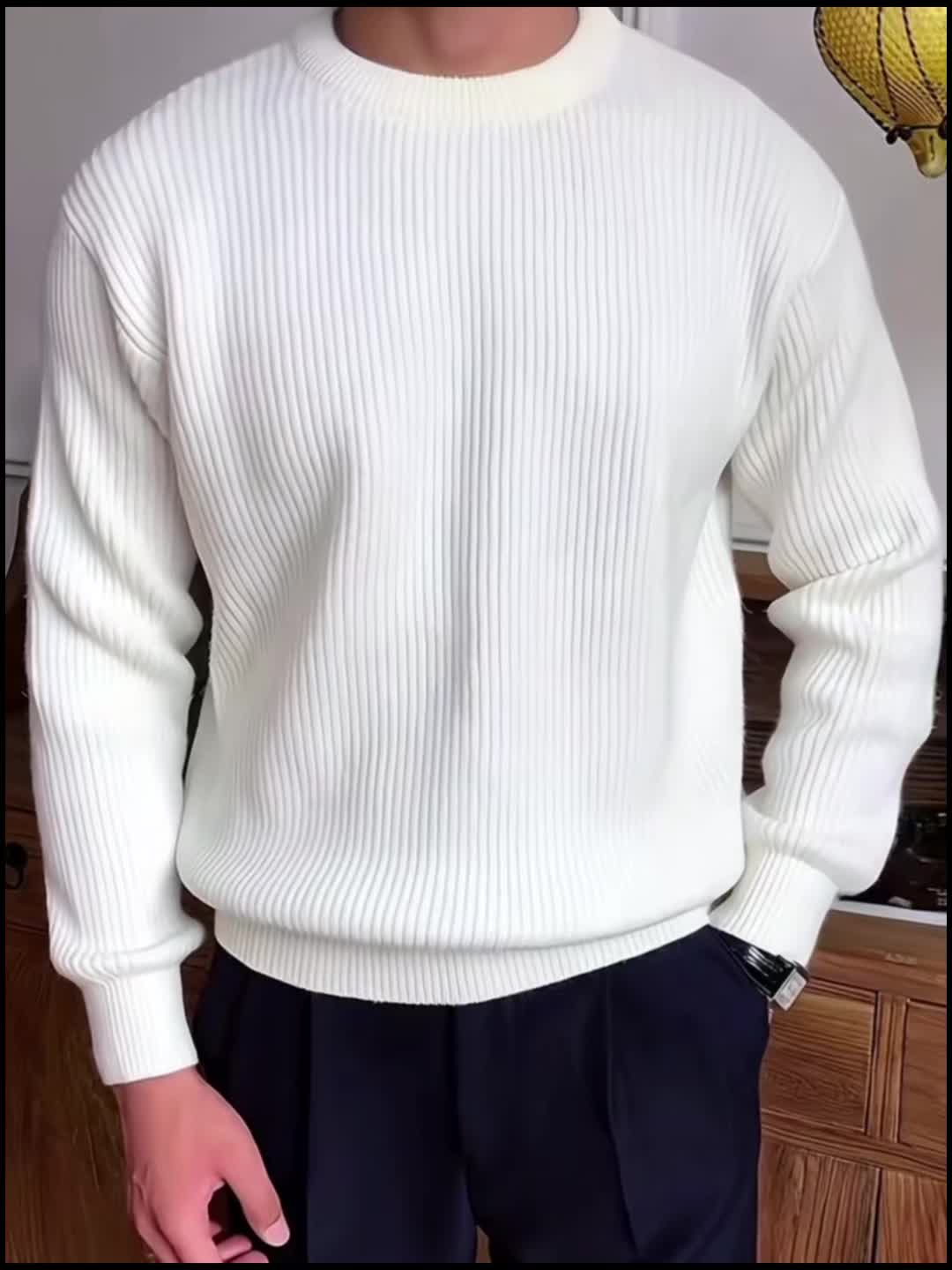 Heren Ribgebreide Crew-Neck Trui met Losse Pasvorm