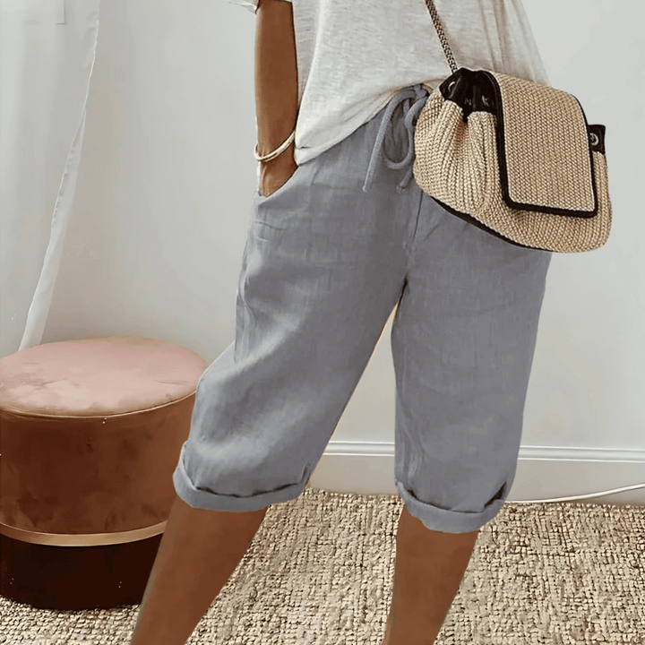 Dames harembroek van katoen en linnen tot op de knie