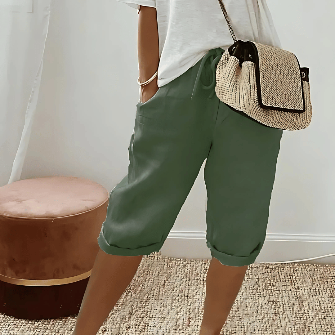 Dames harembroek van katoen en linnen tot op de knie