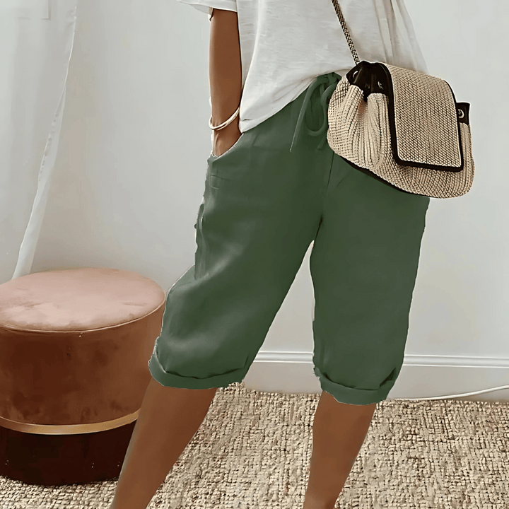 Dames harembroek van katoen en linnen tot op de knie