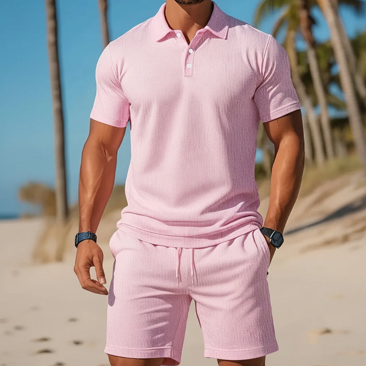 Men's Casual Beach Mesh Lapel Set Summer Comfortable Breathable Loose Solid-Color Sports Short-Sleeved Shirt And Shorts Set