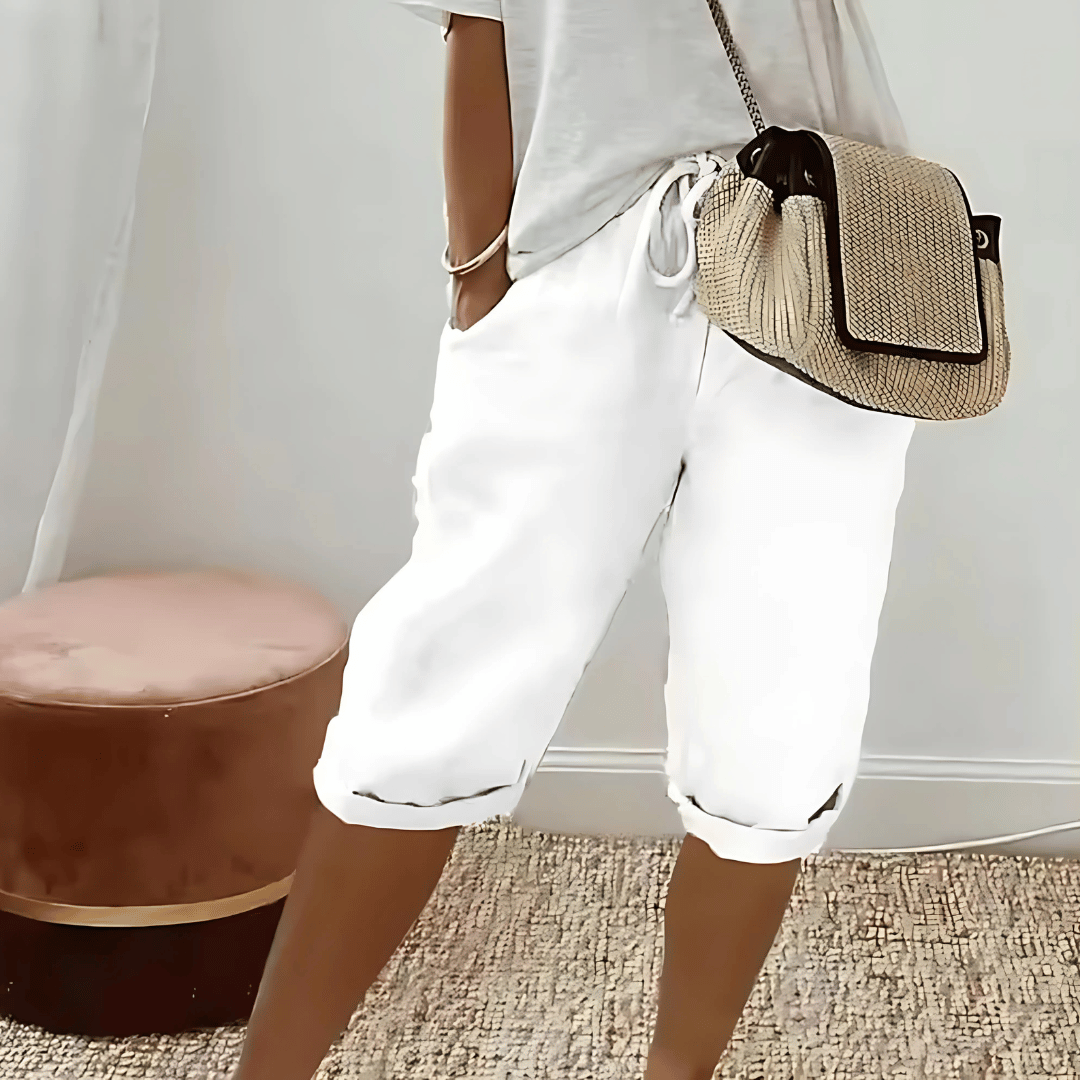 Dames harembroek van katoen en linnen tot op de knie