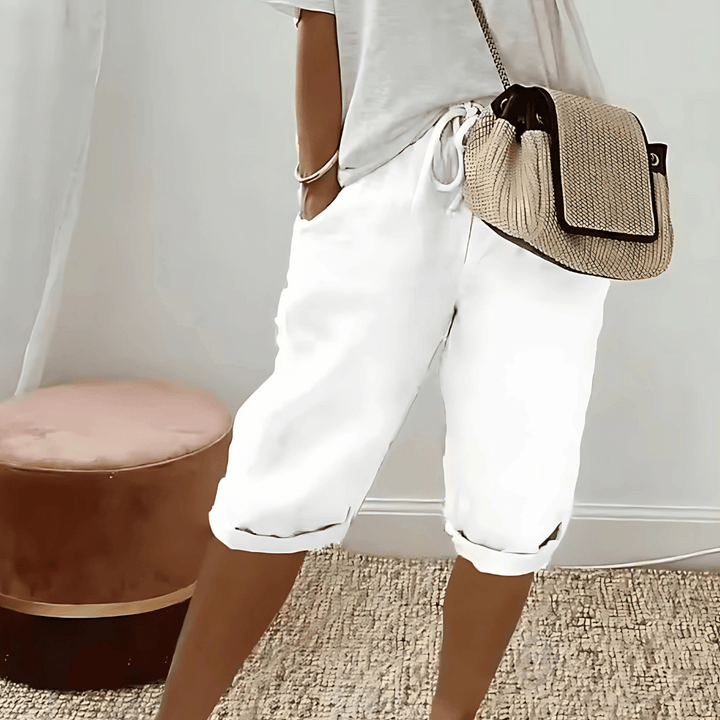 Dames harembroek van katoen en linnen tot op de knie