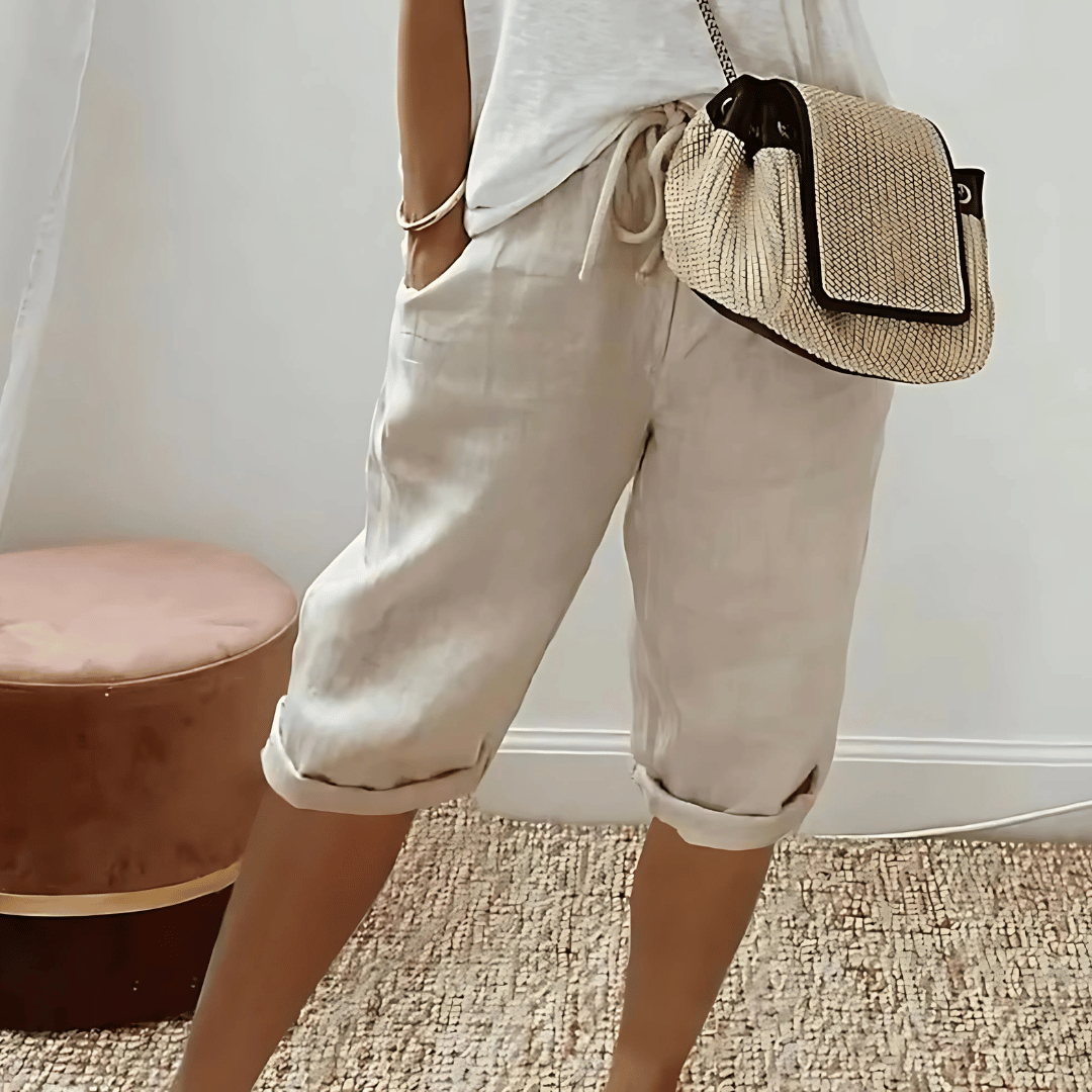 Dames harembroek van katoen en linnen tot op de knie