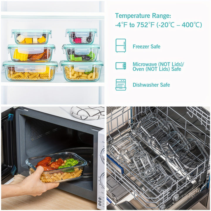 Set van 8 glazen voedselcontainers – Bento containers voor meal prep, luchtdicht, met lekvrije deksels, geschikt voor magnetron, oven, vriezer en vaatwasser, BPA-vrij