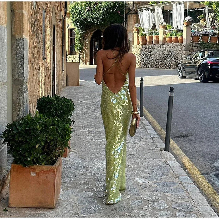 Luxe Paillettenjurk met Open Rug en Spaghettibandjes