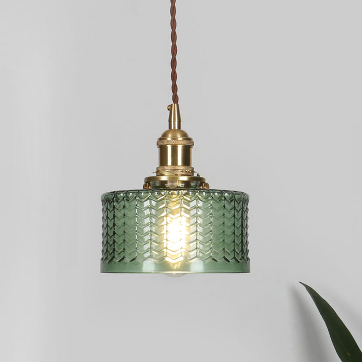 Korte retro cilindrische hanglamp van gegolfd glas, helder/groen, met draaischakelaar van messing