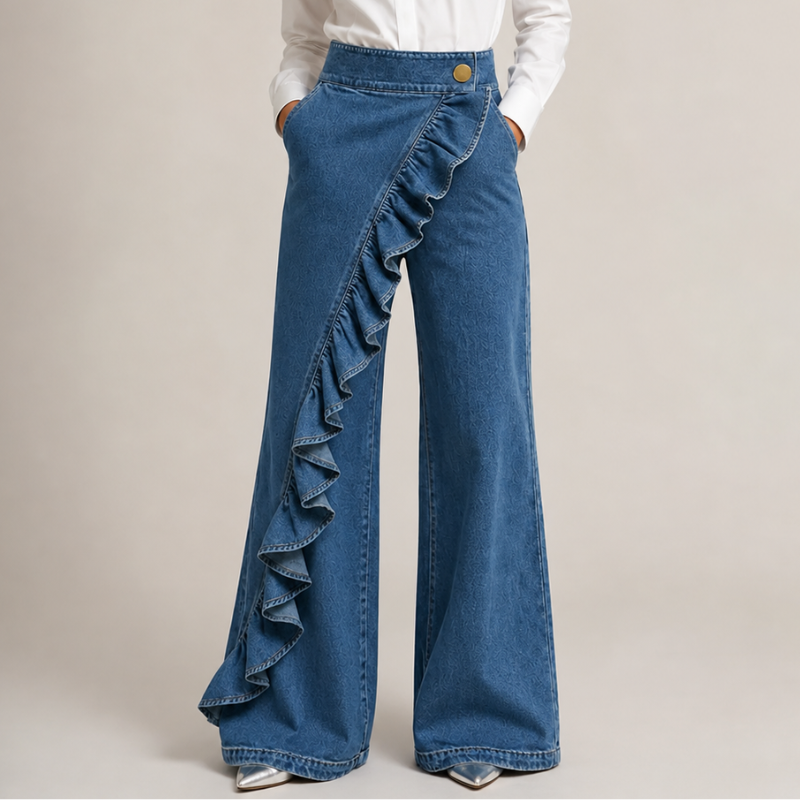 Dames wijde denimbroek met asymmetrische ruche, culotte-stijl