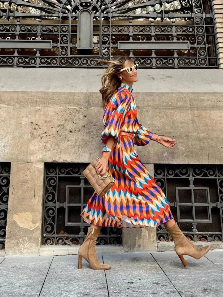 Bedrukte A-lijn Jurk met Hoge Hals en Lange Mouwen