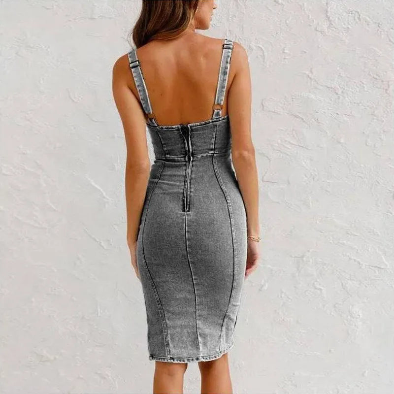 Sexy V-hals Spaghetti Bandjes Jurk van Denim