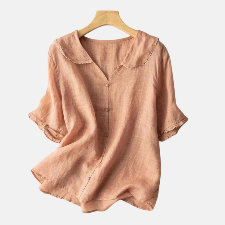 Dames retro overhemd van katoen en linnen met poppenkraag