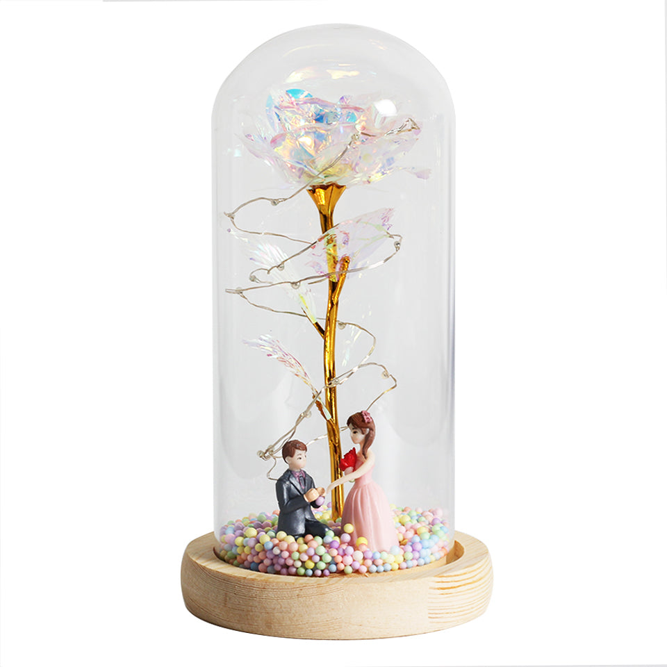 Roos onder glazen stolp met ledlicht, romantisch cadeau