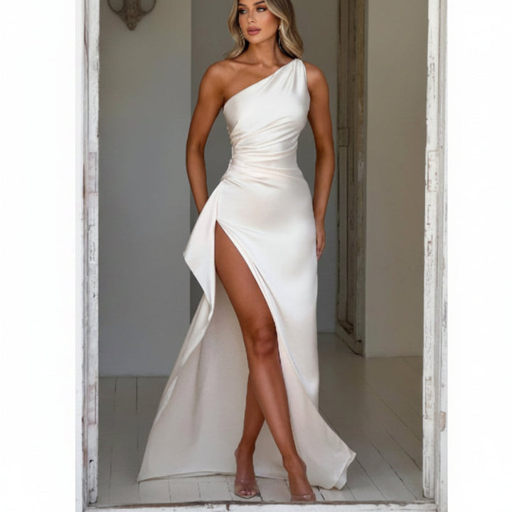 Sexy One-shoulder Backless Slit Dress Summer Elegant Slim-fit Solid Color Satin Dresses For Women