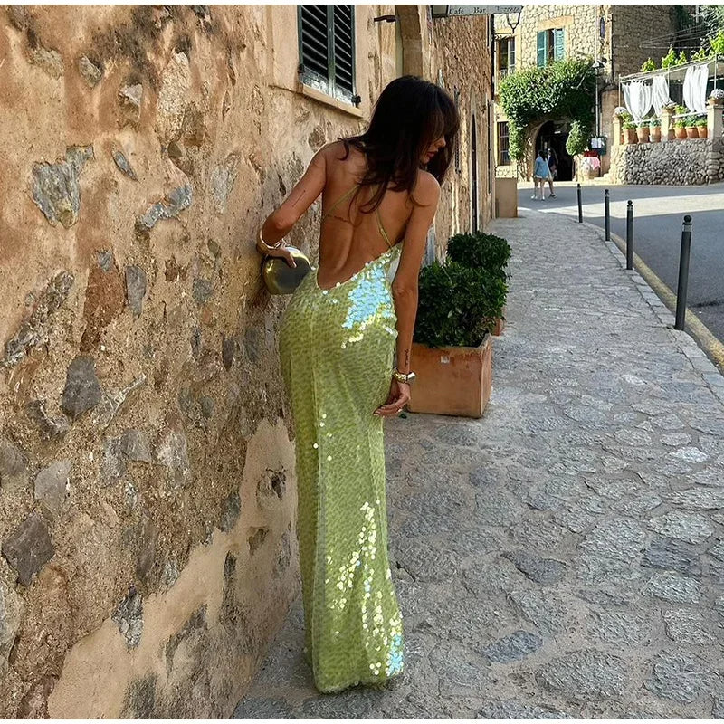 Luxe Paillettenjurk met Open Rug en Spaghettibandjes