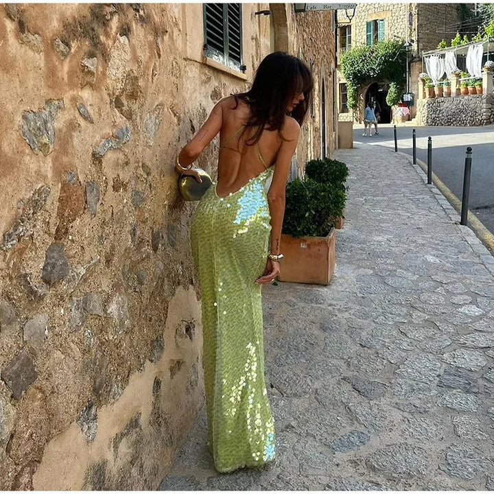 Luxe Paillettenjurk met Open Rug en Spaghettibandjes