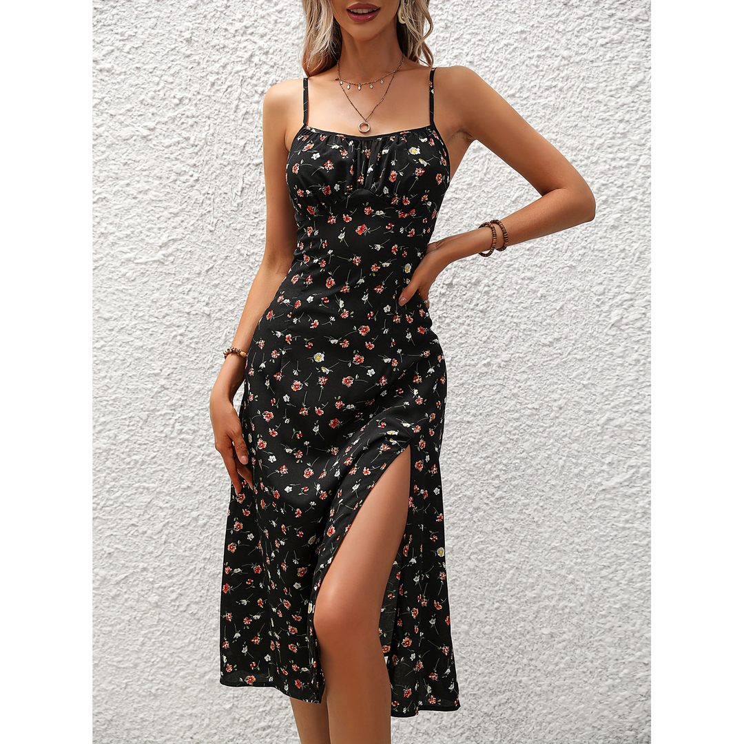 Elegante Jurk met Polkadot, Split en Kantaccent