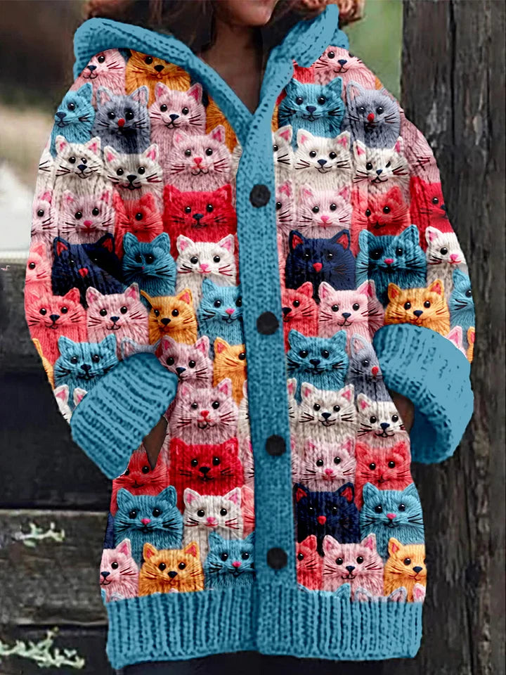 Gebreid Dames Vest Met Kleurrijke Kattenprint En Capuchon