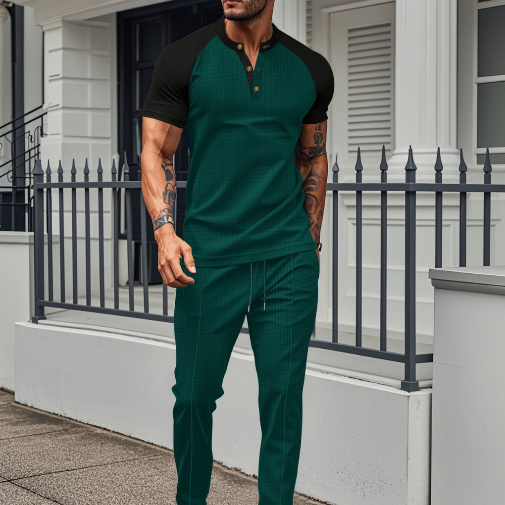 Heren Knopen-Shirt en Wafel Lange Broek Lounge Set