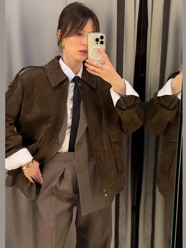 Suède Look Jas met Zipper en Reverskraag