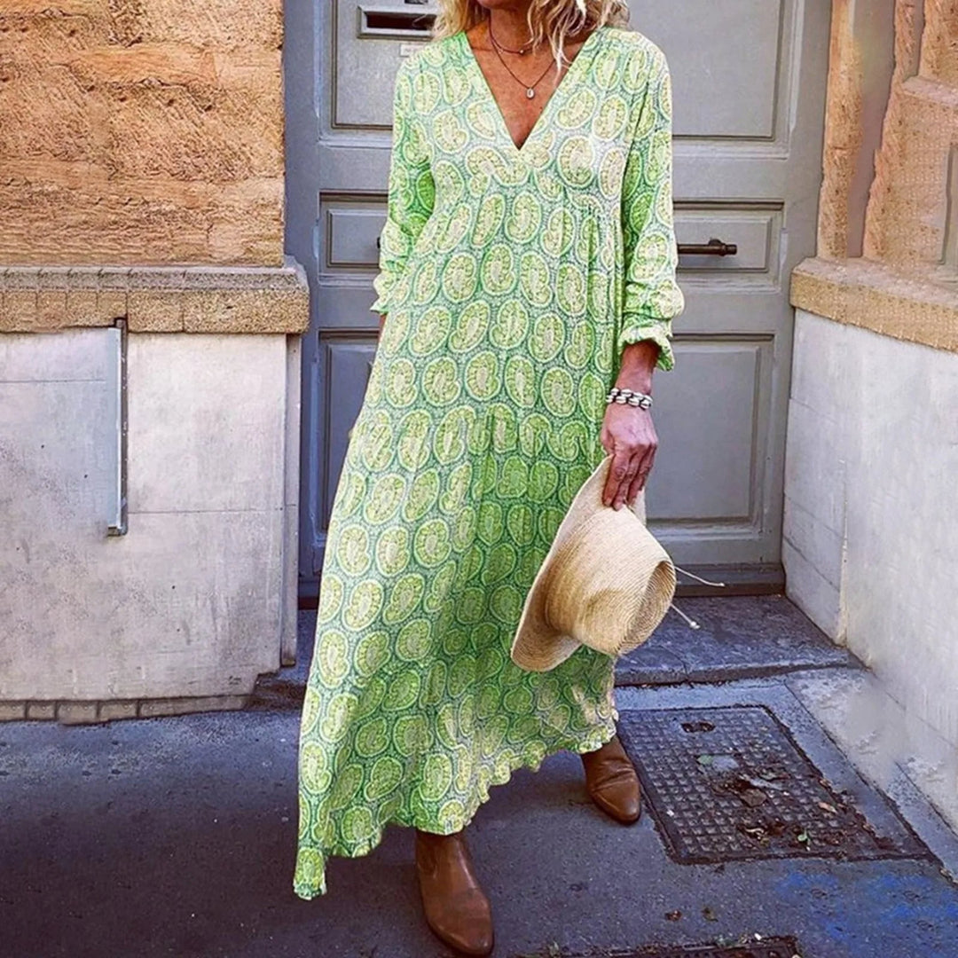 Maxi zomerjurk met geometrische print en boho-uitstraling