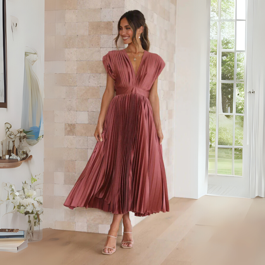 Geplooide, vloeiende V-hals maxi-jurk