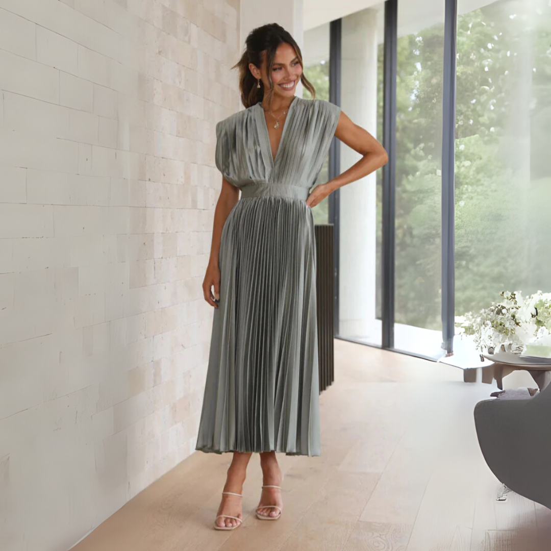 Geplooide, vloeiende V-hals maxi-jurk