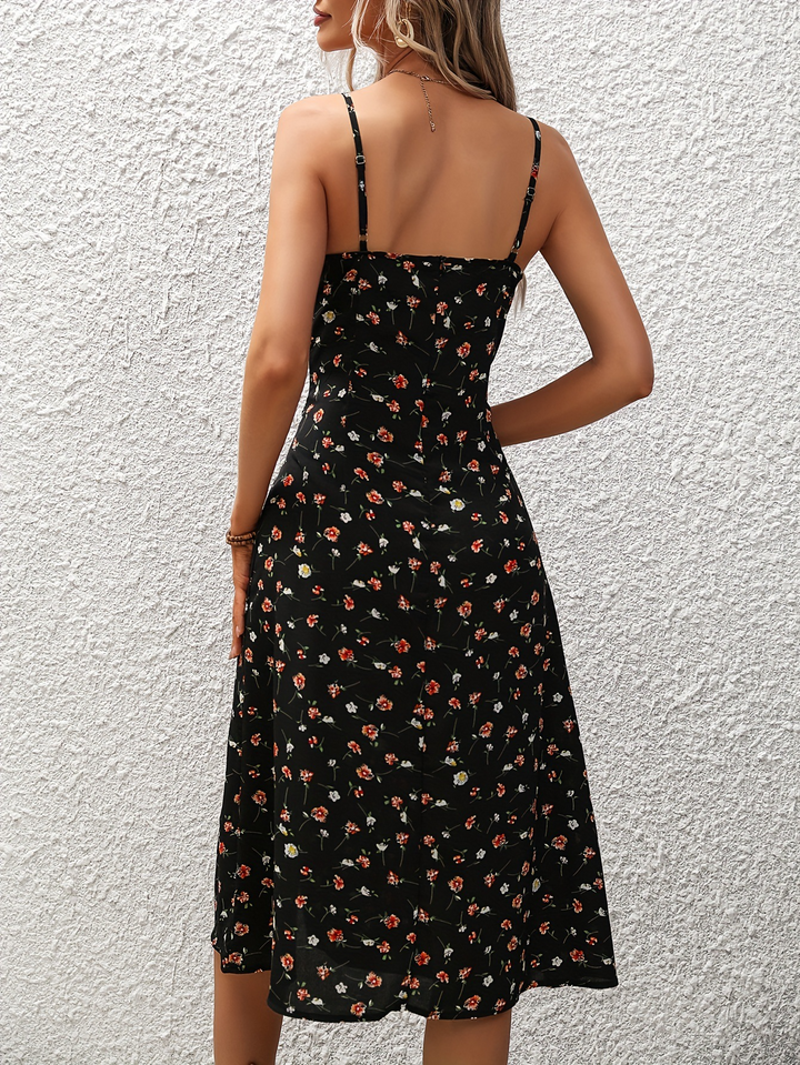 Elegante Jurk met Polkadot, Split en Kantaccent