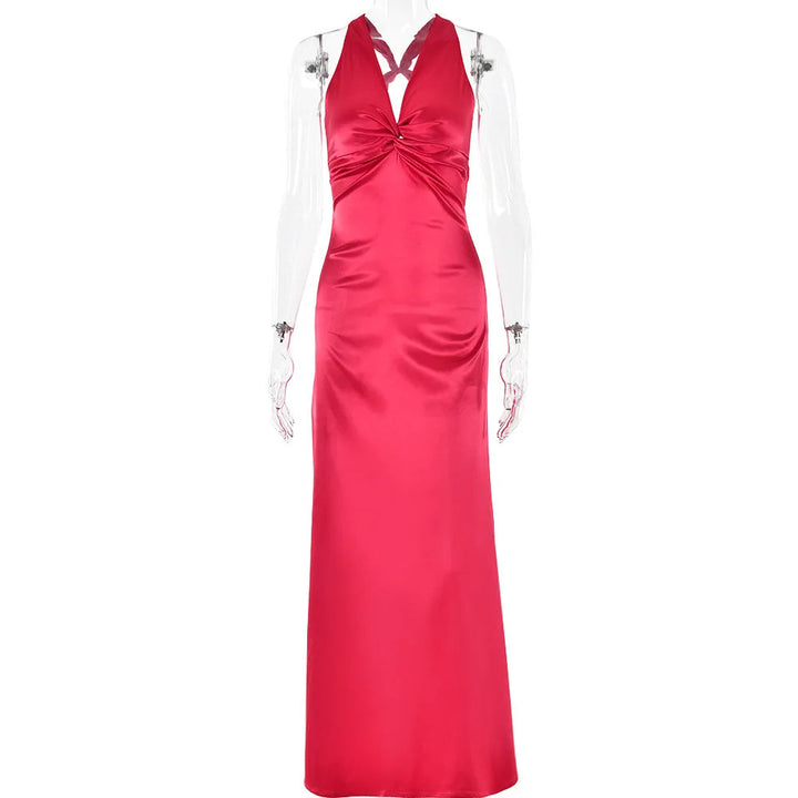 Sexy Satijnen Maxi Jurk met Open Rug en Strikdetail
