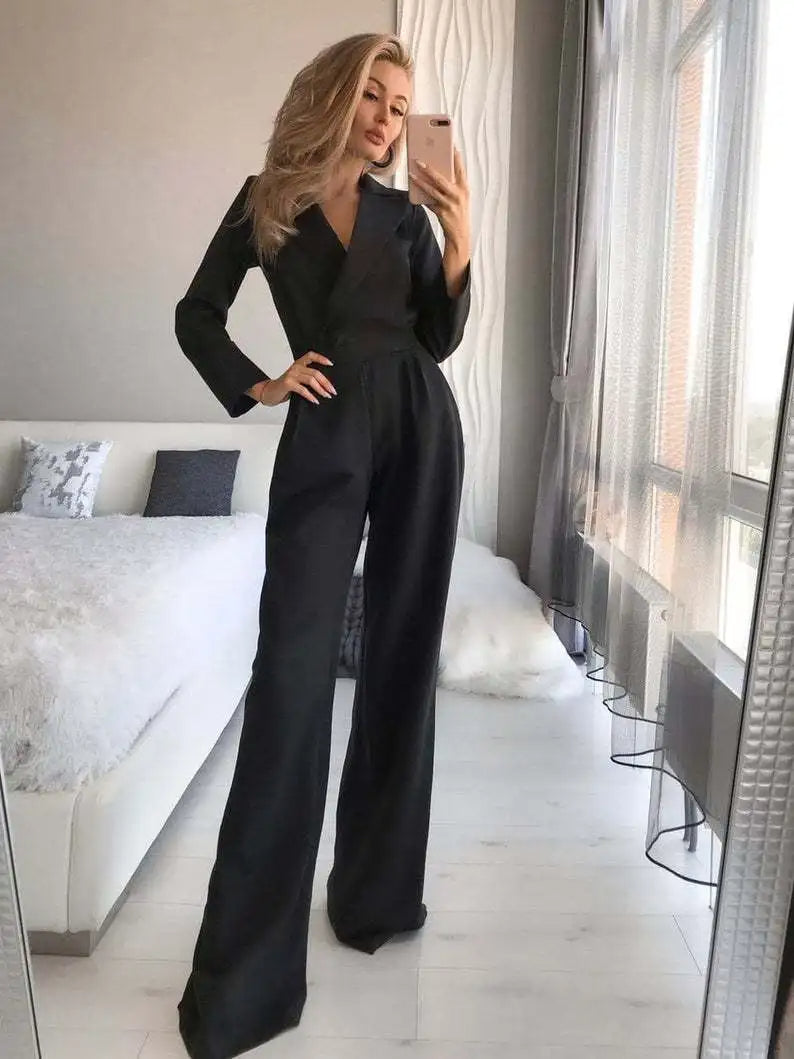 V-Hals Jumpsuit met Wijde Pijpen voor Dames