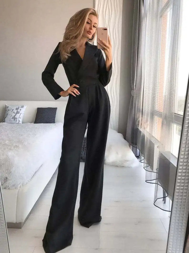 V-Hals Jumpsuit met Wijde Pijpen voor Dames
