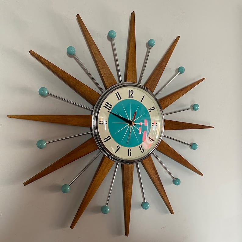 Handgemaakte wandklok in mid-century-stijl | Retro-wanddecoratie, stil & werkt op batterijen