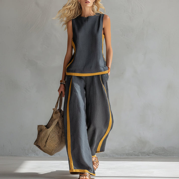 Summer Suits Round-neck Sleeveless Vest Top And High-waist Wide-leg Pants Casual Loose Set