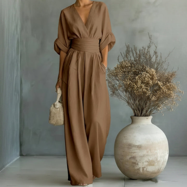 Summer Short-sleeved Jumpsuit Fashion Casual V-Neck Wide-Leg Pants Womens Clothing