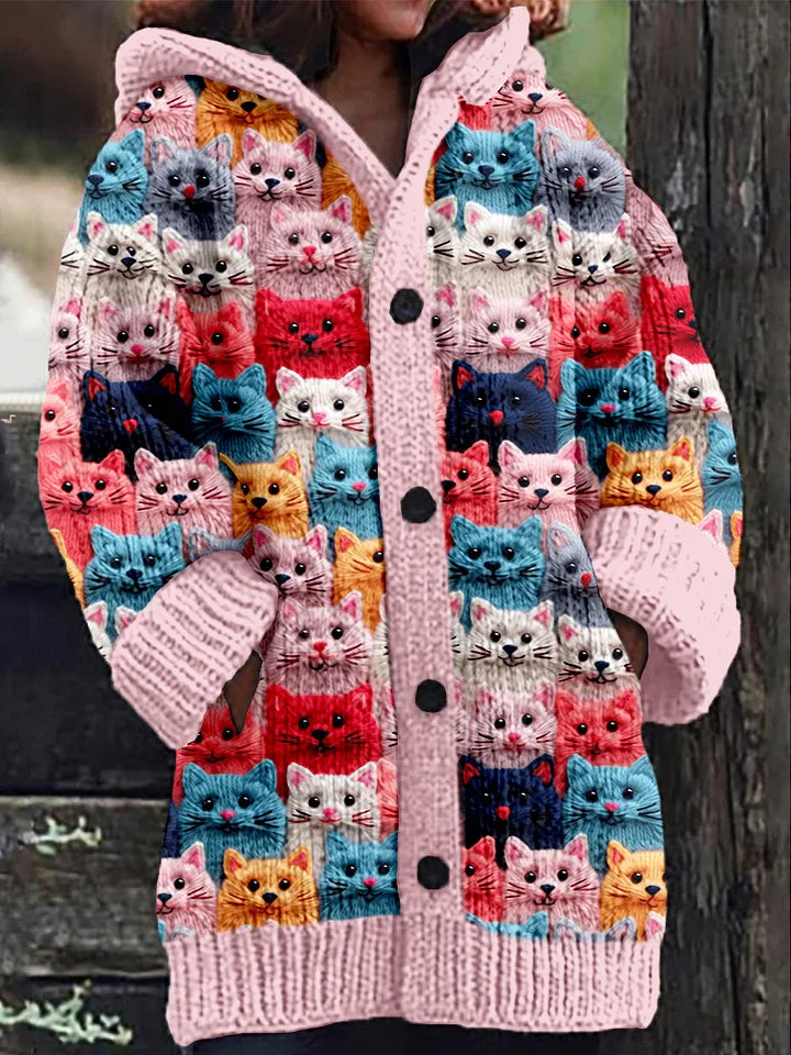 Gebreid Dames Vest Met Kleurrijke Kattenprint En Capuchon