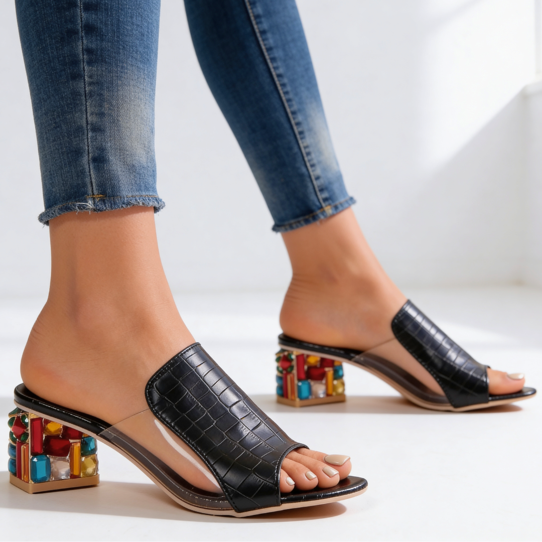 Dames Slippers met Strass Blokhak - Peep-Toe Sandalen