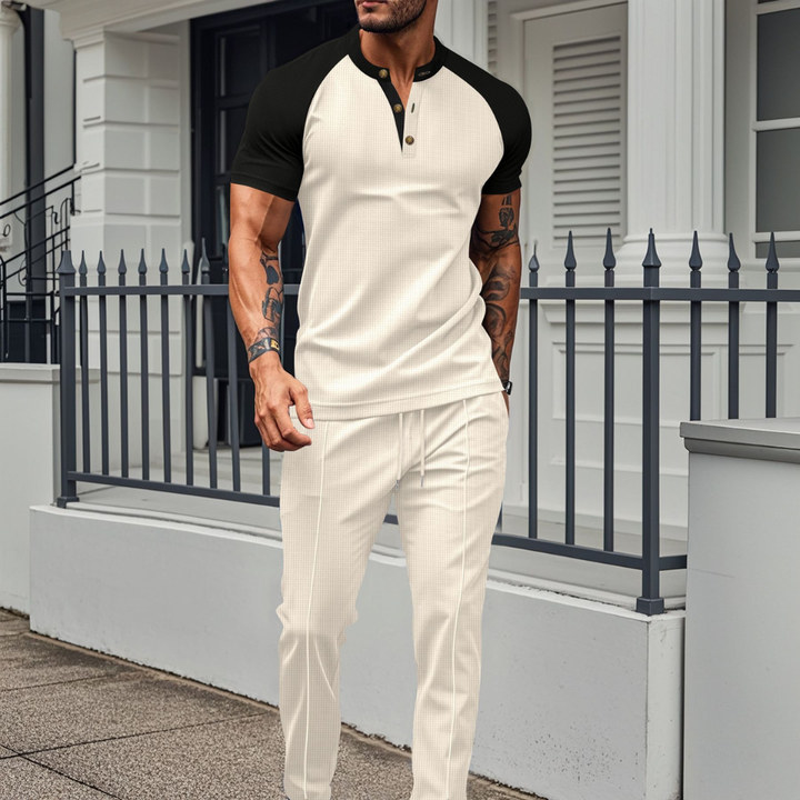 Heren Knopen-Shirt en Wafel Lange Broek Lounge Set