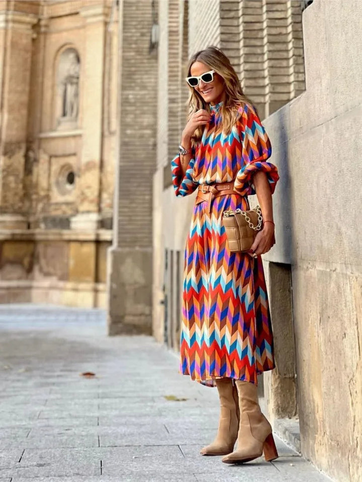 Bedrukte A-lijn Jurk met Hoge Hals en Lange Mouwen