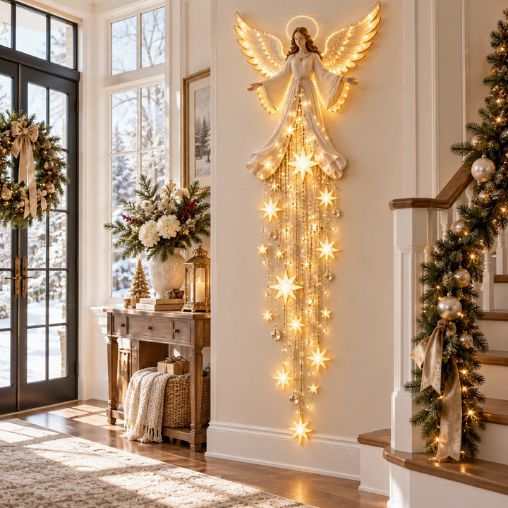 Engel kerst wandlamp met halo en neerstortende sterren, warm wit