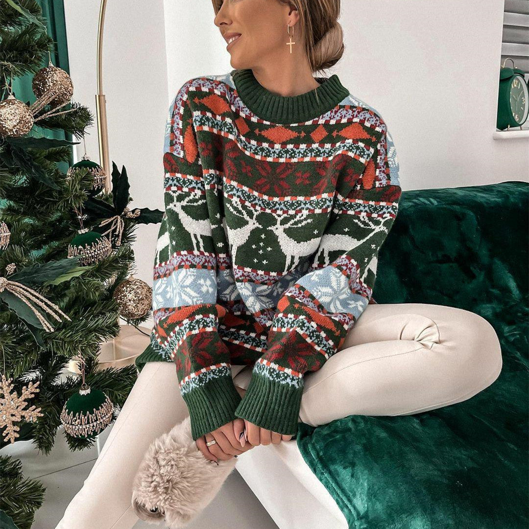 Kersttrui voor dames met jacquardpatroon en ronde hals, loszittend