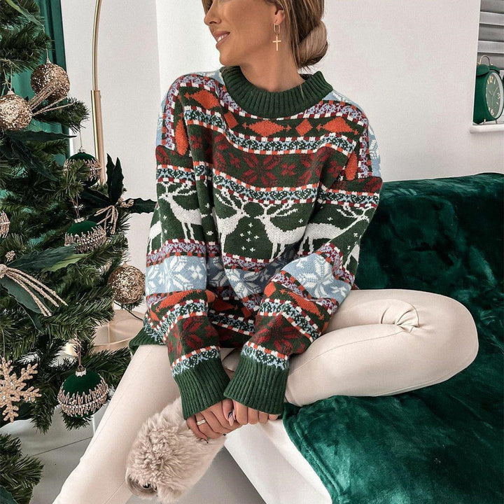 Kersttrui voor dames met jacquardpatroon en ronde hals, loszittend