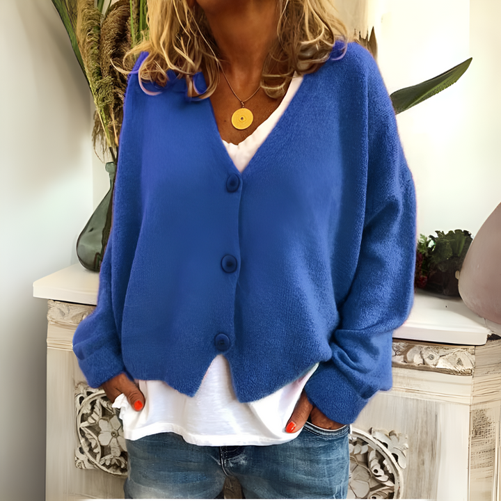 Blauwe, zachte gebreide, relaxte cardigan voor dames