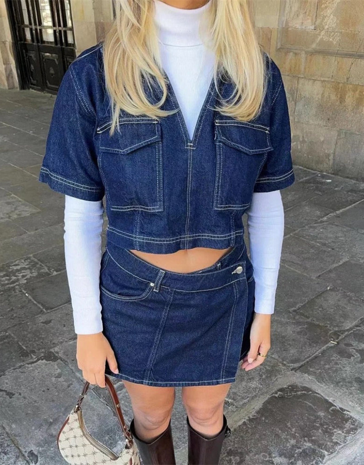 Tweedelige denimset met top en rok