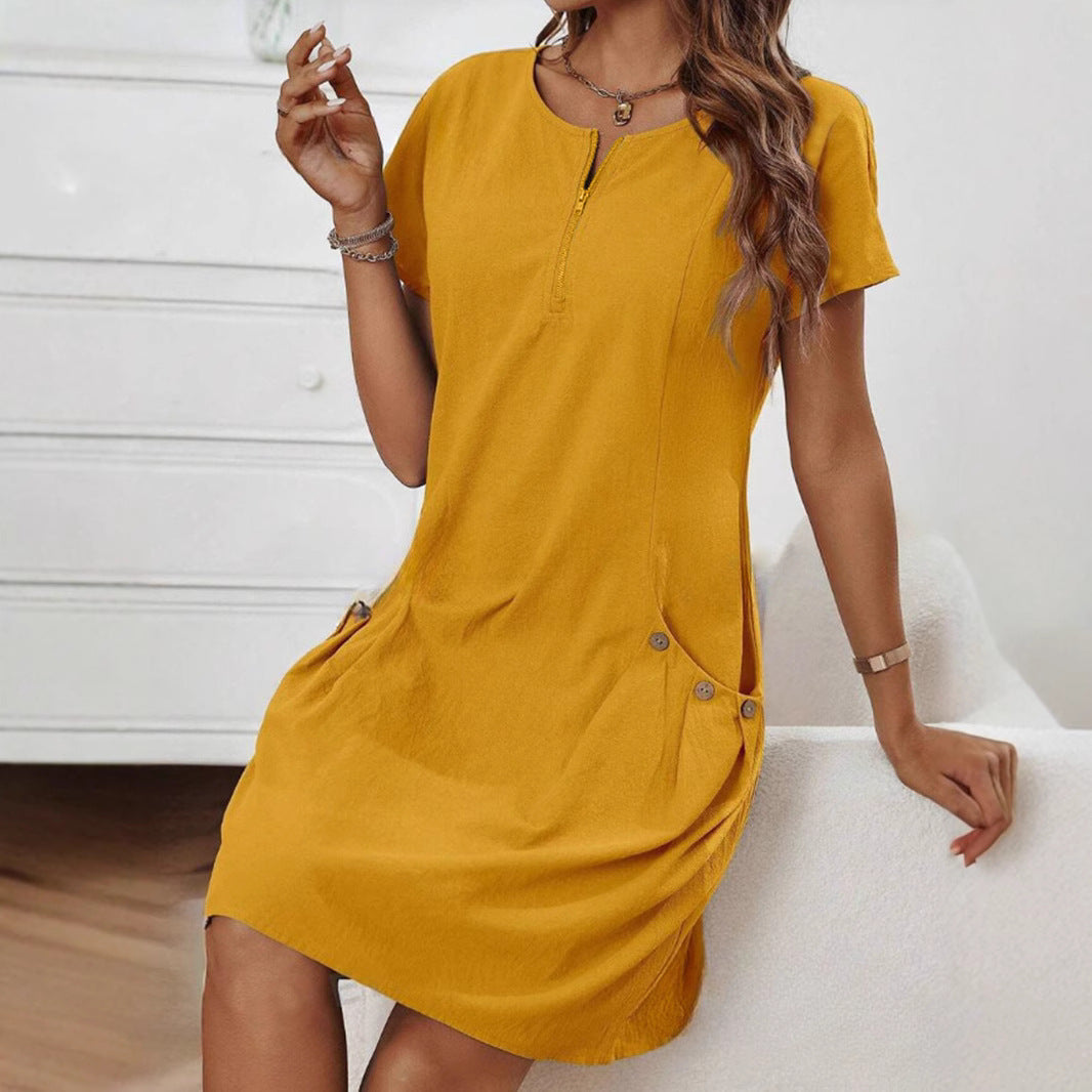 Short-sleeved Dress With Pockots And Zipper Women's Summer Clothing