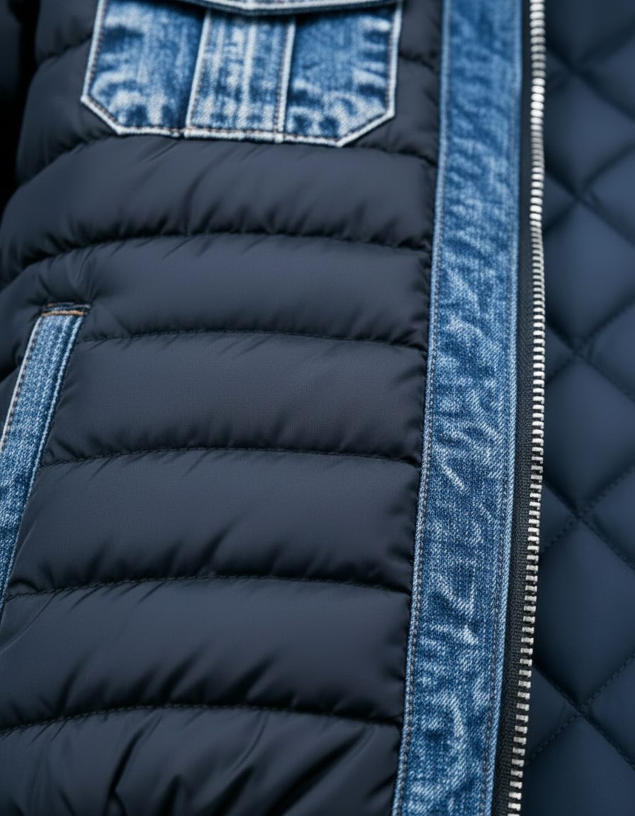 Gewatteerd denim jack voor heren met opstaande kraag en ritssluiting aan de voorkant, blauw