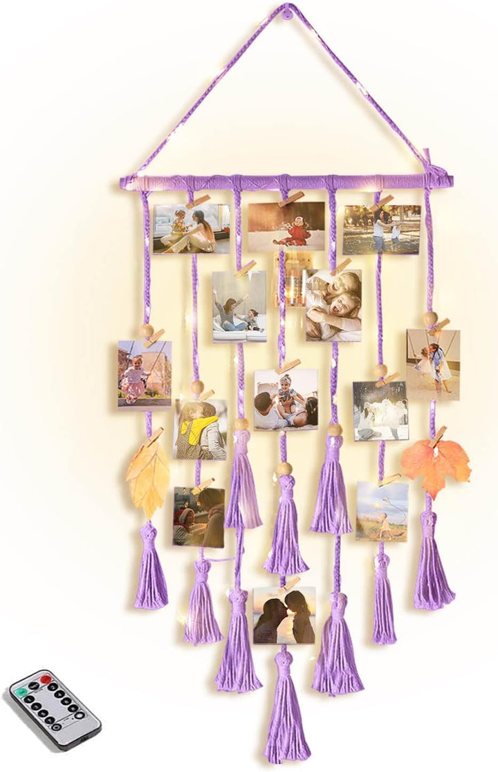 Homecor Macrame Foto Display met 30 Clips | Boho Muurdecoratie met Lichten - Foto Collage Bord voor Kamer & Feestdagen