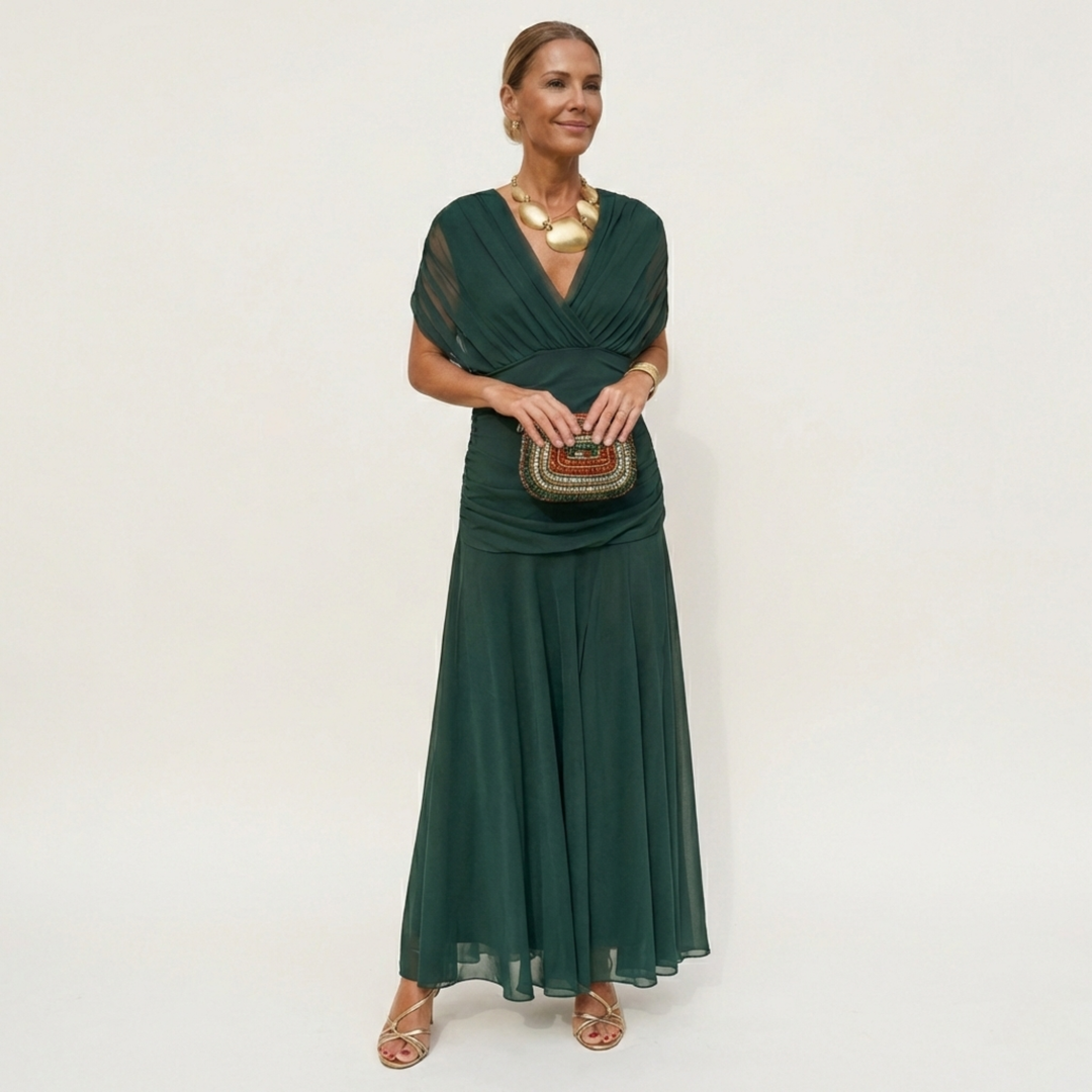 Lange, elegante, vloeiende damesjurk – V-hals, verfijnd ontwerp