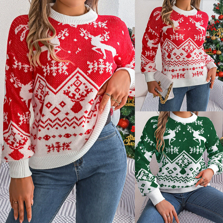 Kersttrui met rendieren en pofmouwen voor dames – rood of groen