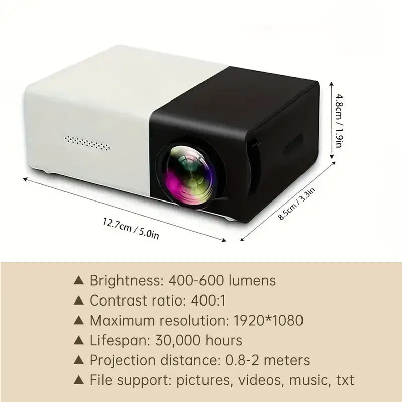 BrightBeam Compact LED Mini Projector – Met Speakers, Draagbaar voor Thuis, Camping & Kantoor, Compatibel met USB/SD/AV/HD